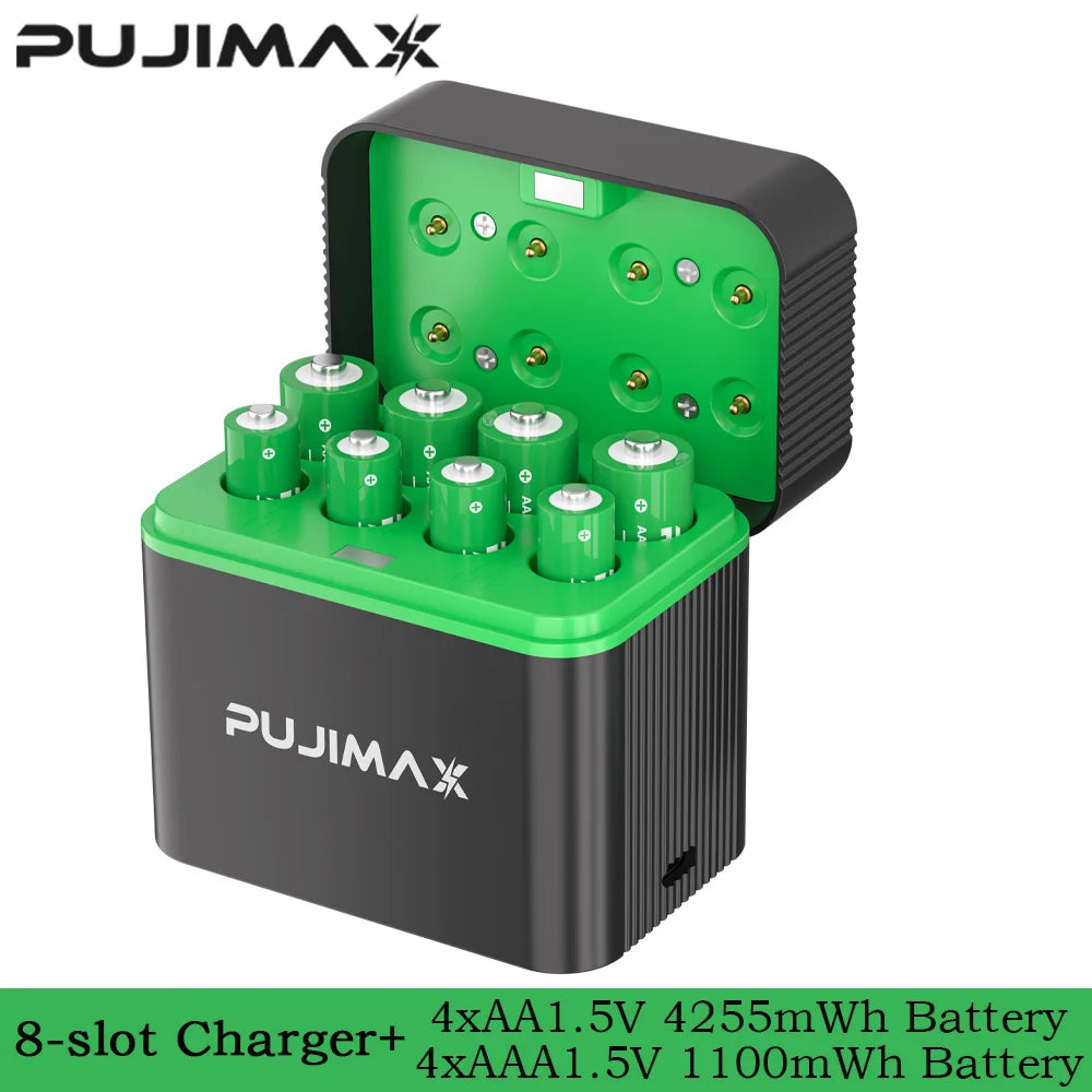 PUJIMAX Smart AA/AAA Lithium Battery Charger Charging 4 AA+4 AAA Rechargeable Li-ion Batteries With High Capacity Battery SET