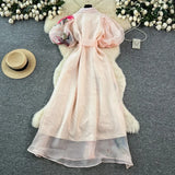 Chic vintage Sexy print mesh lace-up button Fairy Summer Women Boho Sundress women clothing Long dress