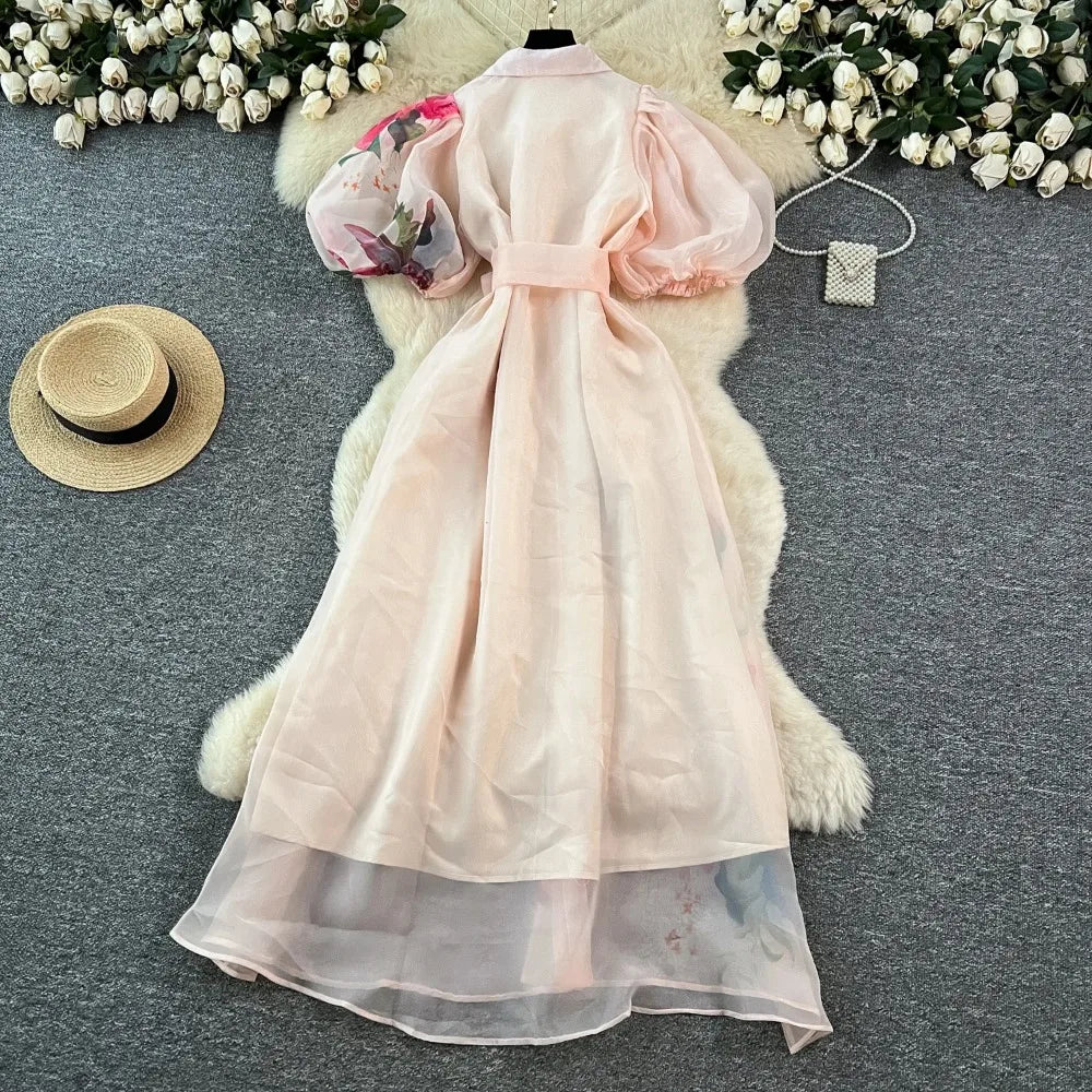 Chic vintage Sexy print mesh lace-up button Fairy Summer Women Boho Sundress women clothing Long dress
