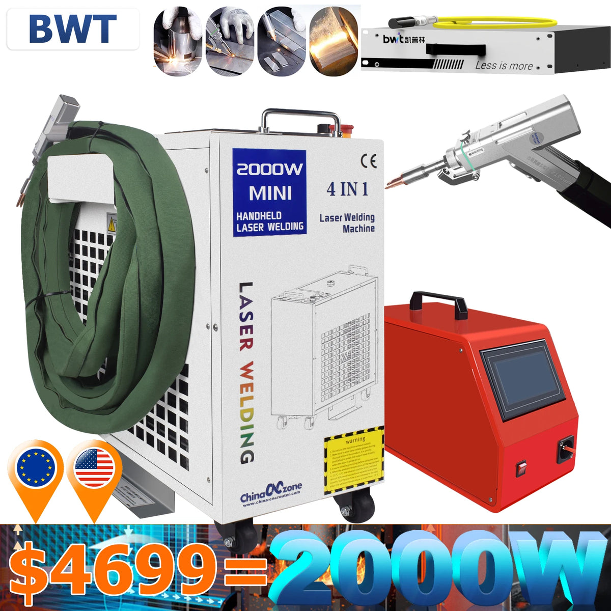 4 in 1 Laser Welding Machine 2000W Fiber Laser Welder Cleaning Welding Cutting Water Cooling for Metal SUP 23T Welder Head