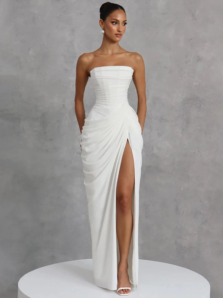 Mozision Chiffon Off-shoulder Strapless Sexy Maxi Dress Women Elegant Sleeveless Backless High Split Ruched Club Party Dress