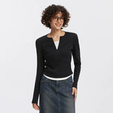 Semir Women T Shirt Cool Touch Slim Fit Mock Two Piece Long Sleeve Henley Cropped Casual Style Lightweight Fashion Tee Everyday