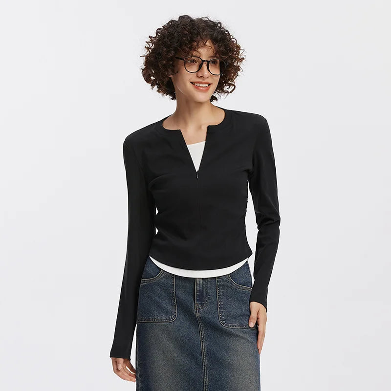 Semir Women T Shirt Cool Touch Slim Fit Mock Two Piece Long Sleeve Henley Cropped Casual Style Lightweight Fashion Tee Everyday