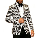 Men Black White Geometric Print Blazer Shawl Lapel Slim Fit Jacket Formal Wedding Groom Tuxedo For Party Prom