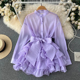 TARUXY Chiffon Dress For Women 2025 Bandage Ruffle Splice Mesh Long Sleeve Cover-up Woman Beach Sexy Bow Oversized Dresses Femme