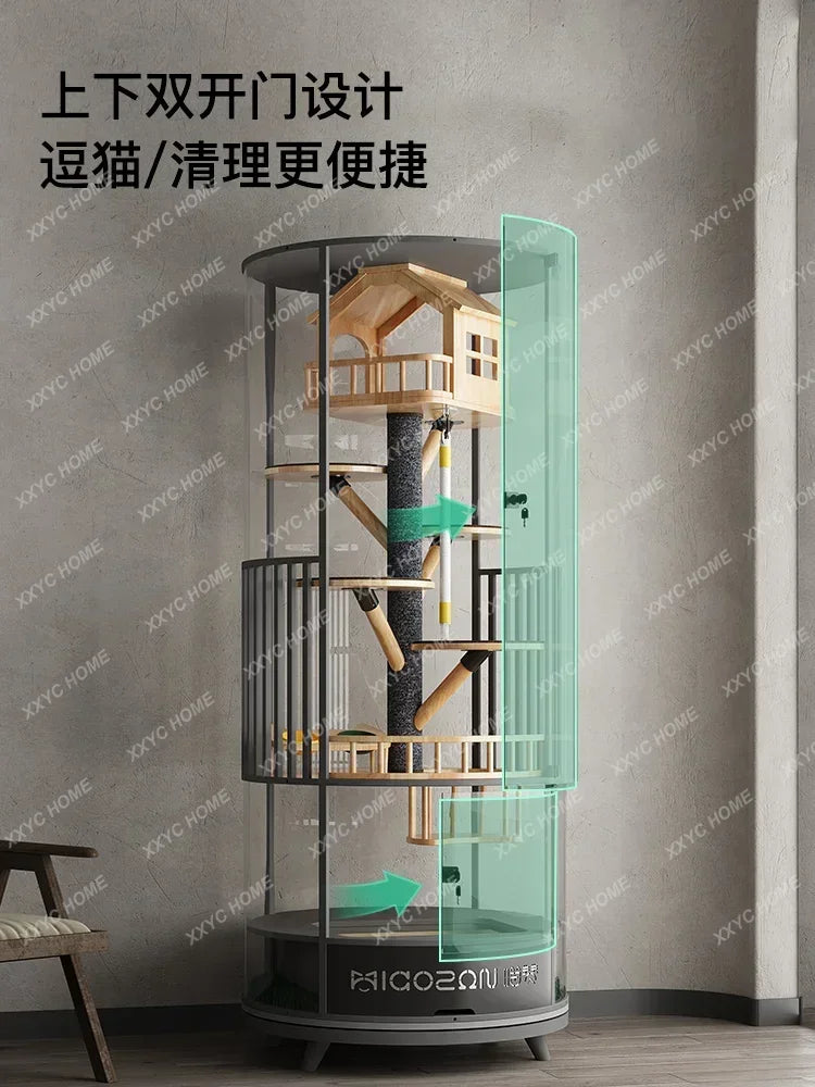 TT360 ° Rotatable Cat Cage Villa Solid Wood Luxury Panoramic Display Cabinet Nest Glass House With Toilet