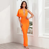BEAUKEY Luxury Evening Orange HLBandage Dress Drape Maxi XL Asymmetric Sleeve Deep V Neck Sexy Party Stretchy Bodycon Dress