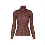 LANMREM Turtleneck Long Sleeve Pleated Women's T-shirt High Elastic Slimming Fashion Semitransparent Pullover Tops 2DB6192