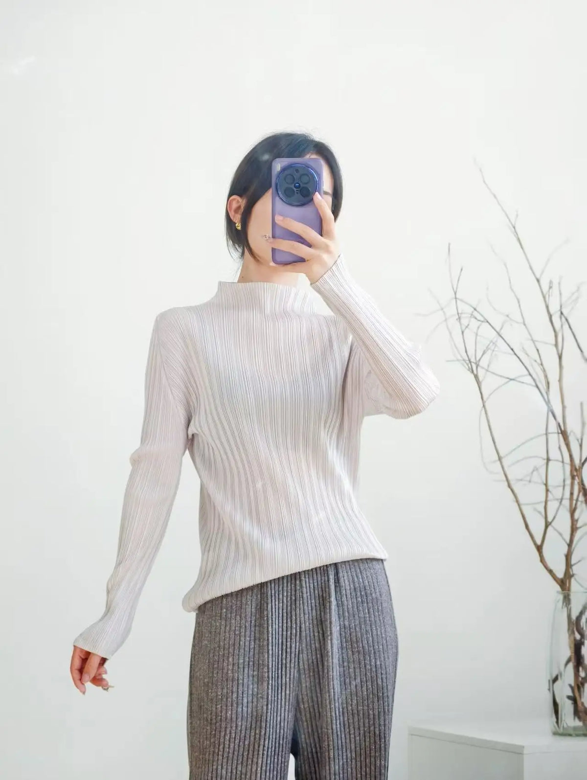 Miyake Pleated Turtle Neck Long Sleeve Top Stylish Black Lightweight Wrinkle Resistant Women's Casual Simple Fashion Shirt