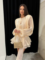 Stunning Shiny Ruffles Lace Up Mini Dress Women's Chic Loose Hollow Out A-line Pleated Vestidos Lady Summer Party Gowns 2026 New