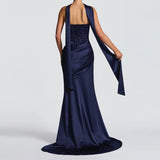 Women Sexy Pleated Strapless Satin Dress Chic Solid Off-Shoulder Backless High Waist Bodycon Dresses 2026 New Evening Party Gown