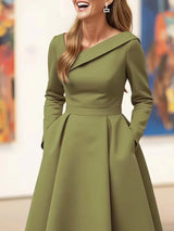 Olive Green Asymmetric Collar Long-Sleeve Midi Dress Elegant A-Line Wedding Guest Gown with Pockets Formal Bridal Event Outfit