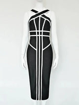 BEAUKEY Classic White And Black Stripes Bandage Long Evening Dress Luxury Contrast Vintage Woman Bodycon Elastic Dress Slim Midi