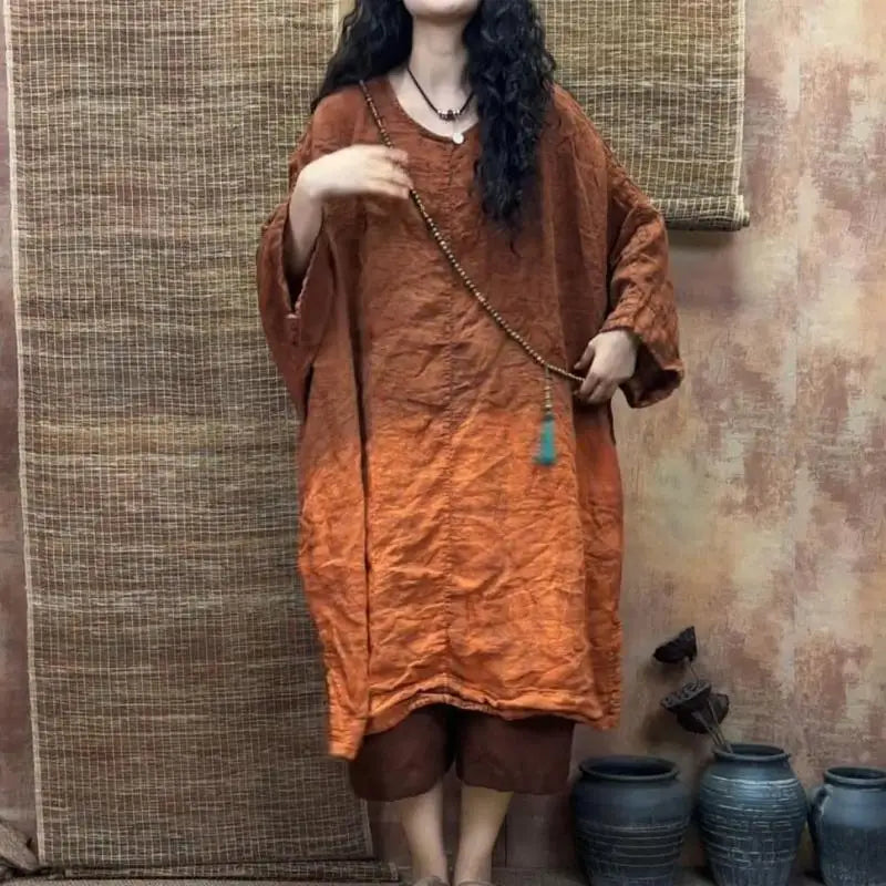 Spring Summer Arts Style Women O-neck Loose Batwing Sleeve Tee Shirt High Quality Linen Gradient Vintage Long Tops Tees T295