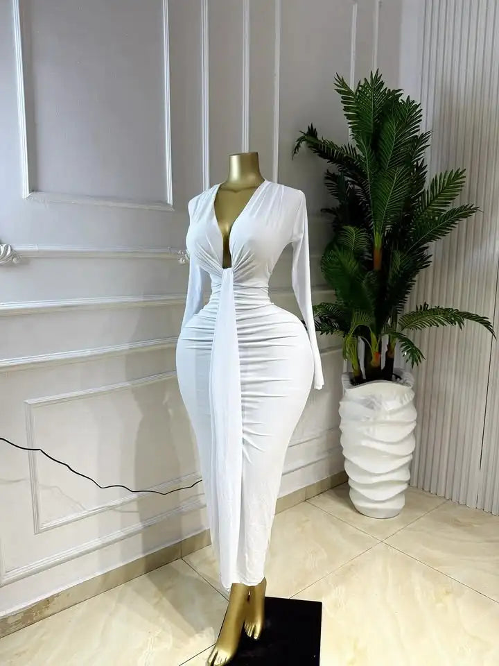 GLCMYAYA Women Long Sleeve Bowknot Deep V-neck Bodycon Midi Maxi Dress 2026 Birthday Holiday Party Trendy Long Dresses Vestidos