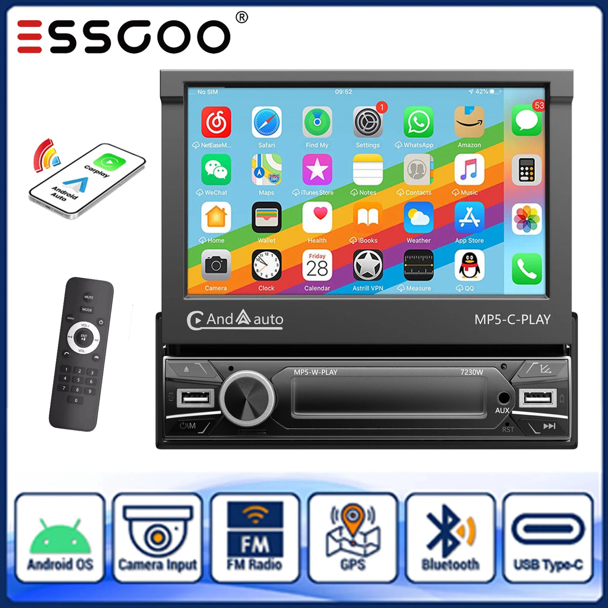 7" Single 1 DIN Flip Out Car Radio Stereo Apple Carplay & Android Auto HD Touch Screen MP5 Player Head Unit Bluetooth FM USB SWC
