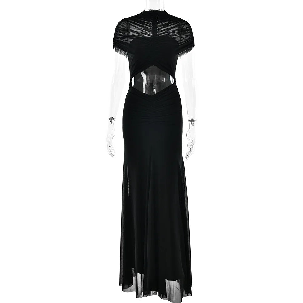 New Ruched Irregular Mesh Dress Women Patchwork High Neck Short Sleeve Hollow Out Long Dresses Female Party Maxi Dresses Outfits