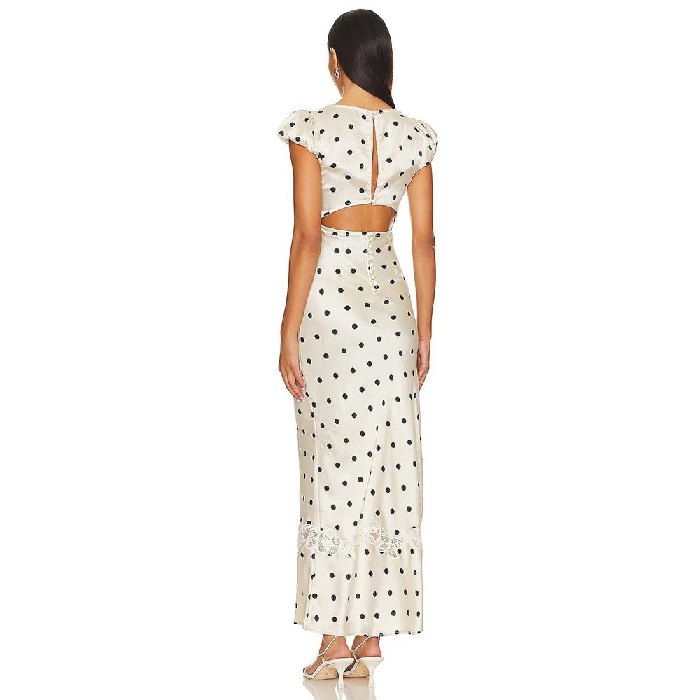 Fashionable Elegant Vintage Lace Patchwork Polka Dot Backless Maxi Dress For Women Luxurious Prom Dinner Party Wedding Guests