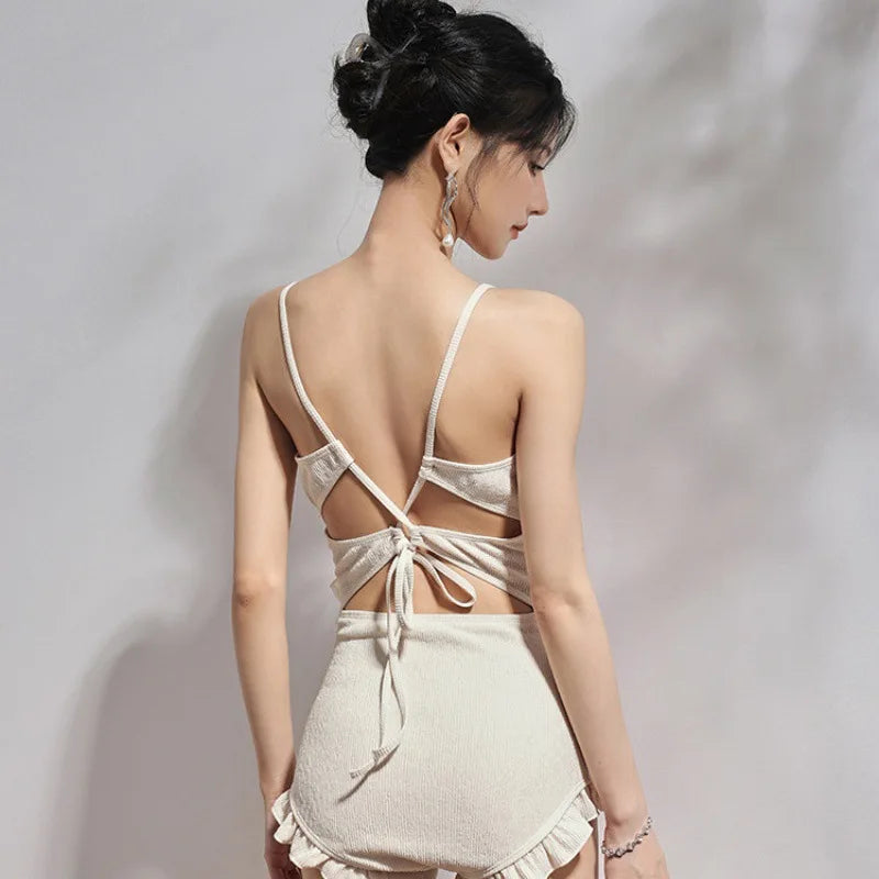 2026 New Swimsuit Women One-piece Flat Corner Conservative Slim and Cover Their Belly Sexy Lace Korean Fairy Swimsuit Women