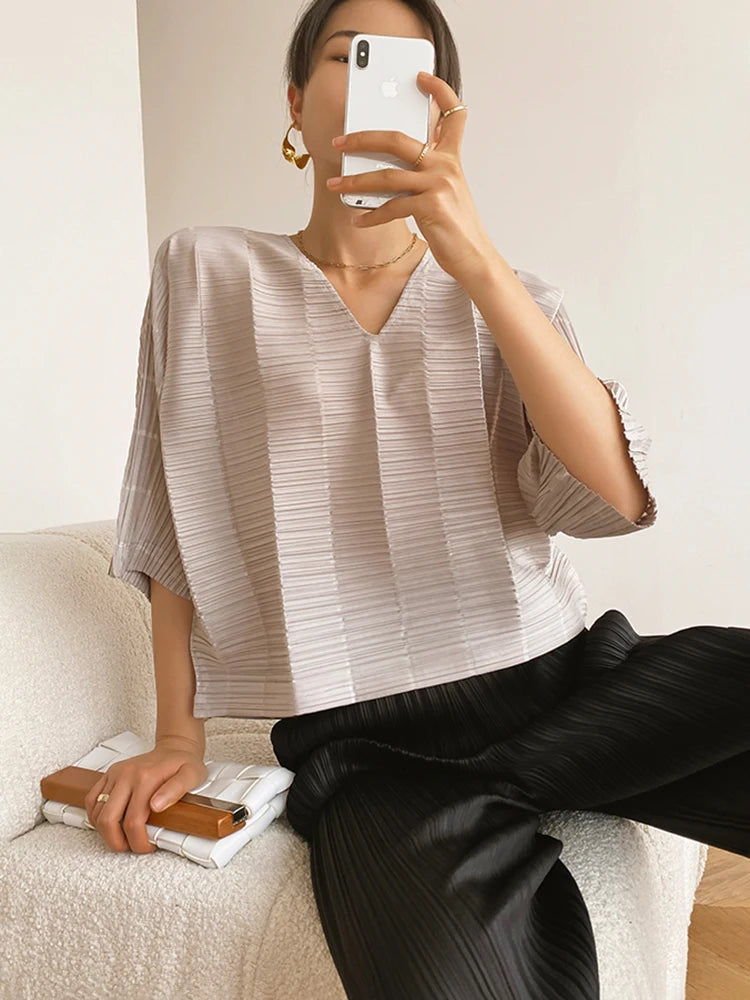 Miyake Pleated Drape V-neck Loose Bat Tops Women Summer High Fashion New Korean Style Designer Classical Causal T-shirt