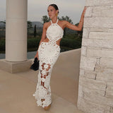 Hook Crochet Flower Long Dresses Women Knitted Halter Sexy Hollow Out Sleeveless Backless Maxi Dress Holiday Fashion Beach Robes