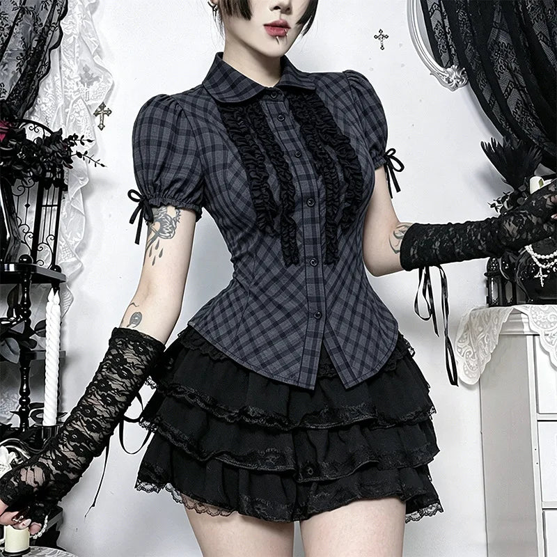 Summer American Casual Punk T Shirt Women Short Sleeve Lapel Single Breasted Plaid Top Subculture Y2K Gothic Shirt Street Style
