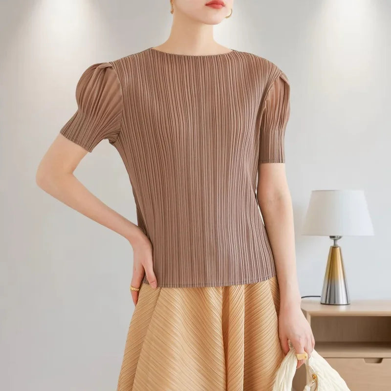 Summer New Pleated Fashion Simple Casual Style Thin T-shirt Temperament Commuting Formal Occasions Commuter Tops