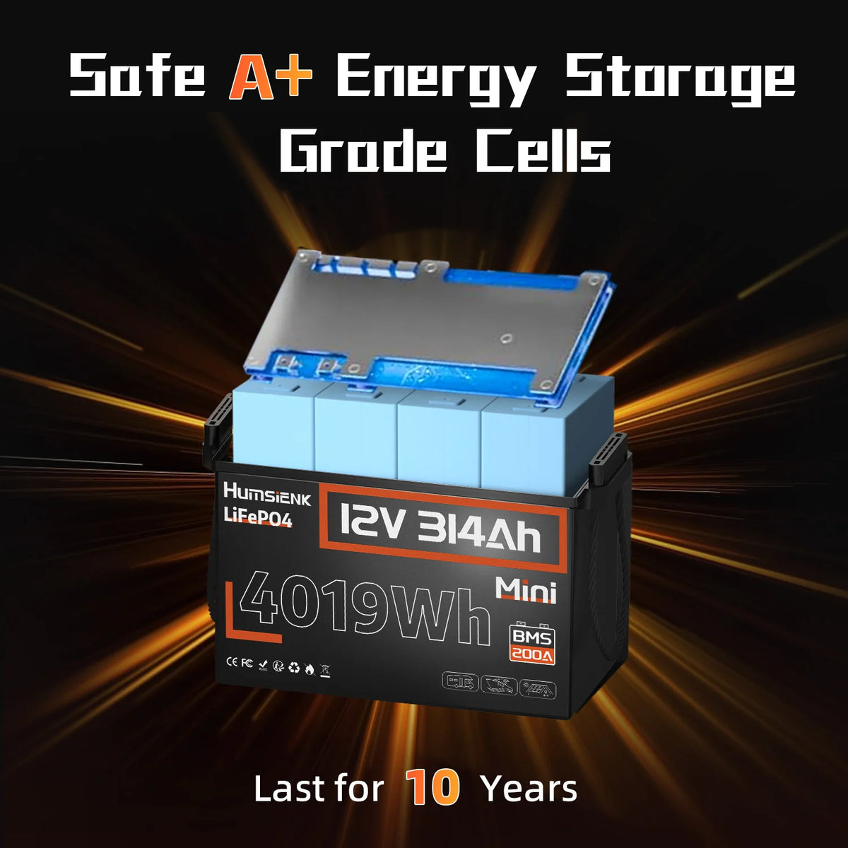 Humsienk 12V 314Ah LiFePO4 Battery, Size MINI, Capacity 4019Wh, Built-in 200A BMS, 15000+ Deep Cycle, For Fishing, Portable Power Station, Golf Cart, Boat, Marine, Off-Grid, Solar, 5-Year Warranty