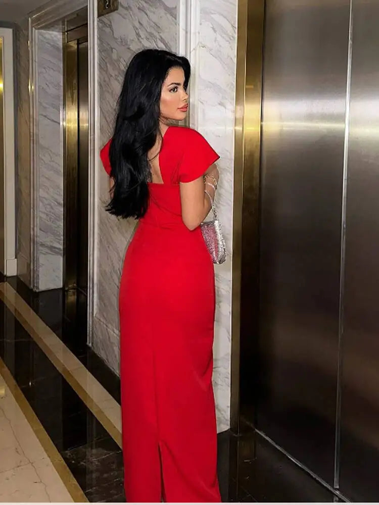 New Women's Short Sleevel Square Neck Diamonds Bandage Dress Floor Length Bodycon Fashion Celebrity Party Maxi Dress