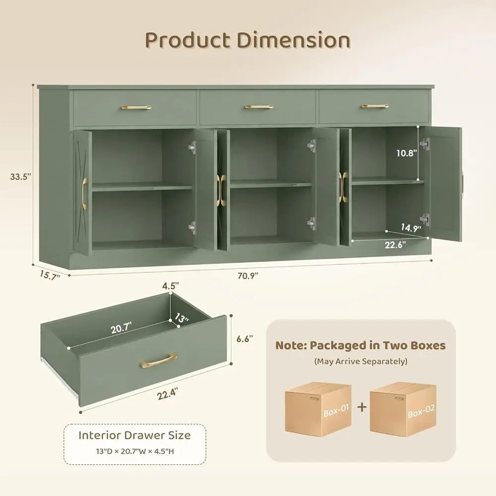 71 Large Sideboard Buffet Cabinet with Storage, 3 Drawers, Green, Ideal for Kitchen, Dining, and Living Rooms