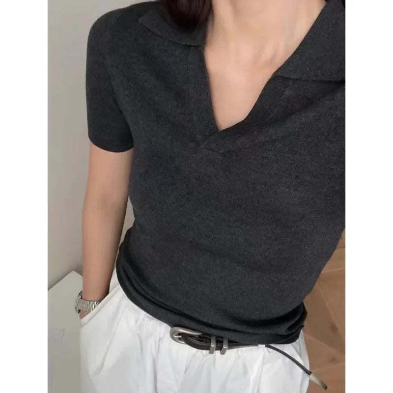 French short shoulder sleeve women's lapel knit top women's spring and summer thin ice silk polo collar of solid color T-shirt