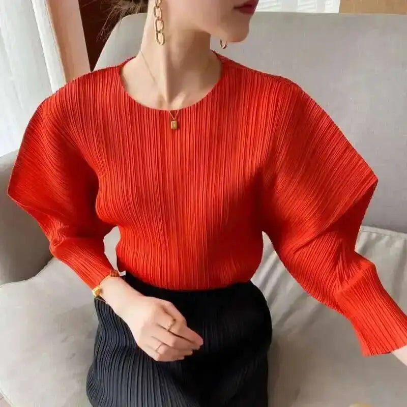 YUDX Pleated Round Collar T Shirt Women Full Sleeve Solid Color Versatile New 2025 Pullover Temperament Female Tops