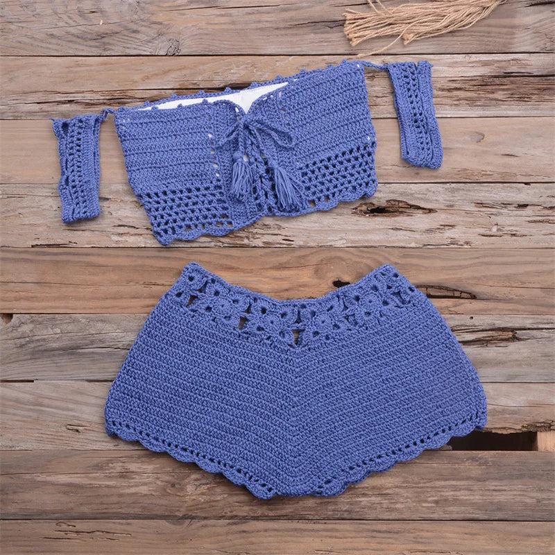 Knit Bikini Set for Women, Sexy Off Shoulder, Crop Top and Shorts, Brazilian Beachwear, Crochet Swimwear, Summer Shorts, 2 PCs