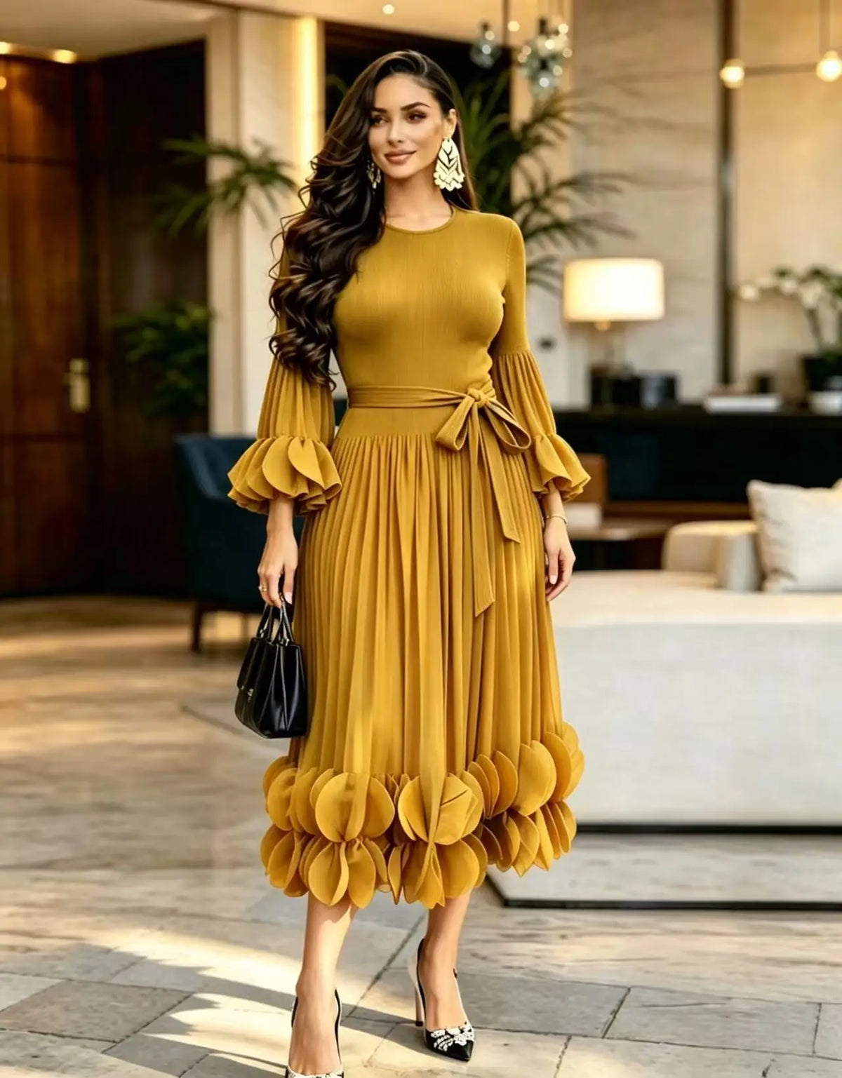 2026 Miyake Light Luxury High-end Round Neck Dress Women's Summer Pleated Ruffle Edge Design Temperament Long Dress