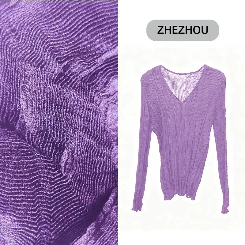 Miyake Pleated T-shirt 2025 Fall New Solid Color Bottoming Shirt Female Slim Thin Pleats Simple V-neck Inner Top Thin Clothing