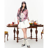 ELFSACK Mesh Long Sleeve T-shirt, Retro Jersey Print See-through Top, Cute Cat Patchwork Slim Tee for Women
