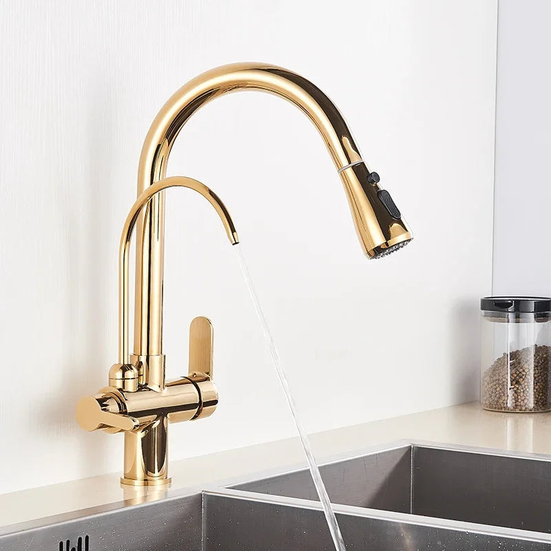 Brushed Nickel Filtered Crane For Kitchen Pull Out Spray 360 Rotation Water Filter Tap Three Ways Sink Mixer Kitchen Faucet