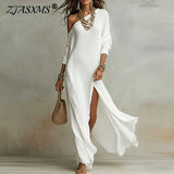 Spring One Shoulder Long Sleeve Holiday Dress Woman Sexy Skew Collar Split Bohemian Dress Elegant Solid Slim Casual Maxi Dresses