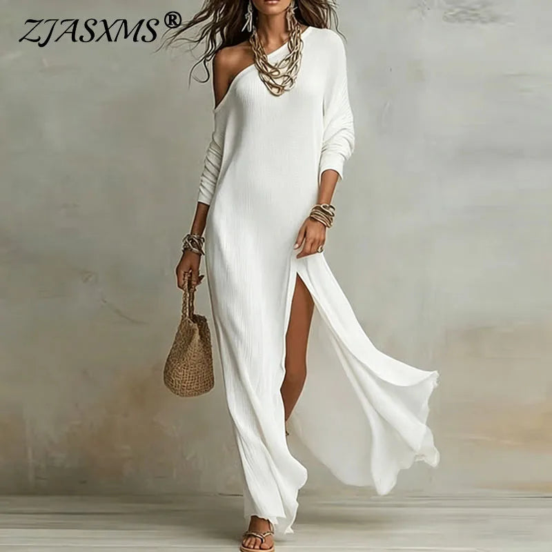 Spring One Shoulder Long Sleeve Holiday Dress Woman Sexy Skew Collar Split Bohemian Dress Elegant Solid Slim Casual Maxi Dresses