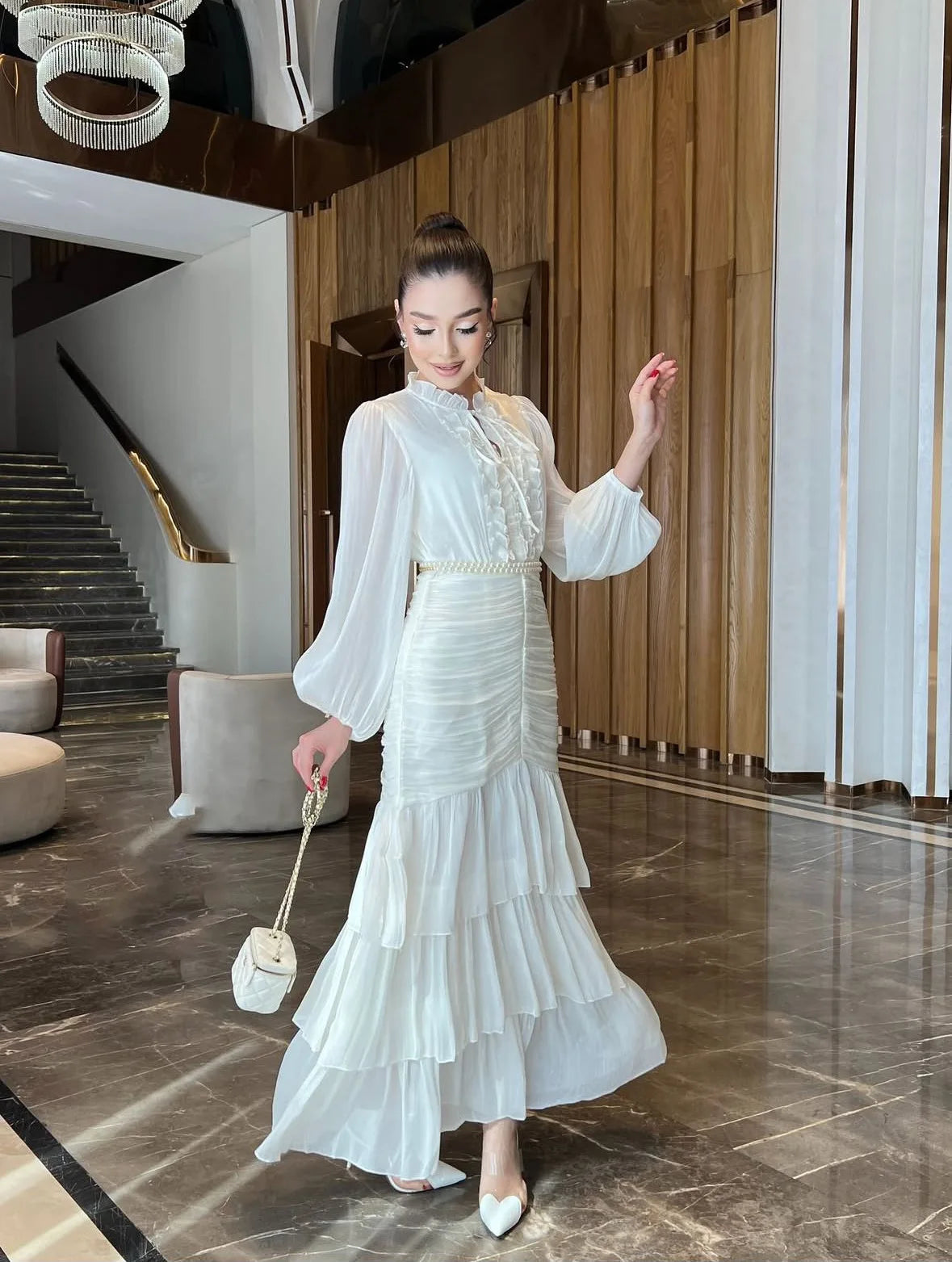 Spliced Lace Dresses Lantern Sleeve Ankle Length Dress Women Solid Party Dress Sexy Wrap Buttocks 2025 Autumn High Waist