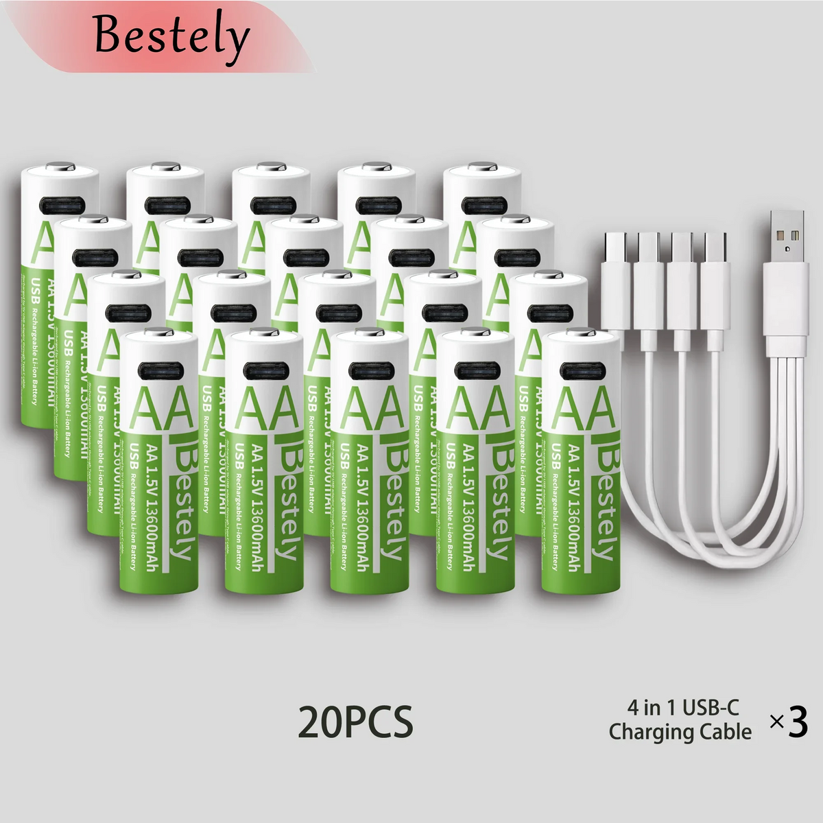 Bestely AA Rechargeable Lithium Battery 1.5V 13600mAh Fast Charging Long Lasting Li-ion Batteries 2000 Cycle with USB- C Cables