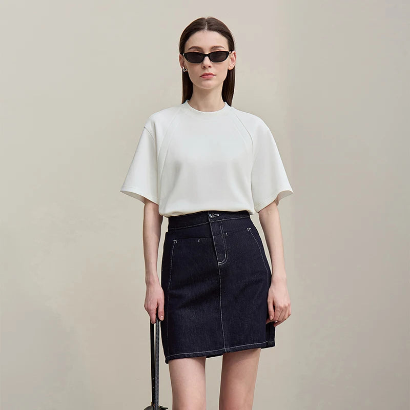 Amii Women's Tee Shirt 2026 Summer New O-Neck Stretch Cotton T-shirt Women Basic Ribbed Trim Versatile Short Sleeve Top 12622162
