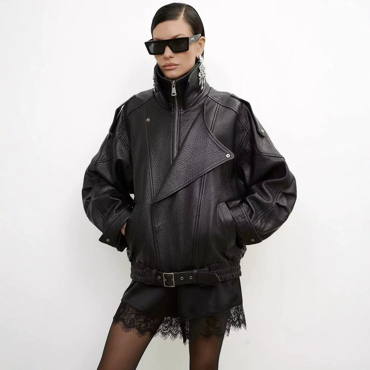French-style women's fashion leather jacket, versatile litchi-textured vintage loose leather coat