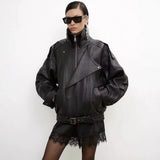 French-style women's fashion leather jacket, versatile litchi-textured vintage loose leather coat