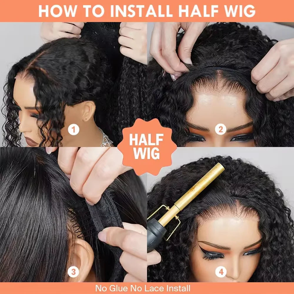 Remy Human hair Wigs Kinky Curly Headband Wig Upgrade 3 IN 1 Half Wig With Drawstring Seamless Clip In Hair Wigs 200 Density