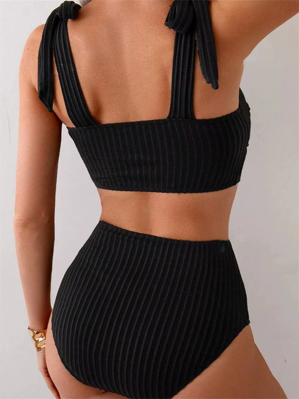 Sexy Black Bandage Wide Straps Bikini High Waist Rib Swimsuit Women's Bikinis and Tankinis Push Up Holiday Swimwear Beach Outfit