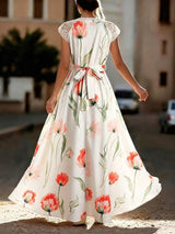 Women's Spring/Summer Floral Print Flower Ruffle Hem A-Line Dress, Elegant Sexy Golf White