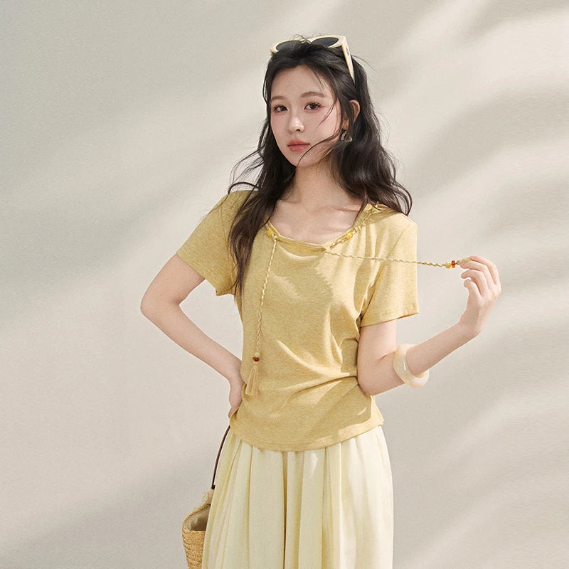 MISHOW Women Chinese Style Knit T-shirt 2026 New Summer Tassel Tie Waist Ruched Slim French Casual Daily Short Tops MXF16T1576