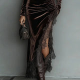 Velvet Patchwork Lace Slit Long Party Dress Woman Autumn Turtleneck Slim Pleated Boho Dress Winter Long Sleeve Hollow Maxi Dress