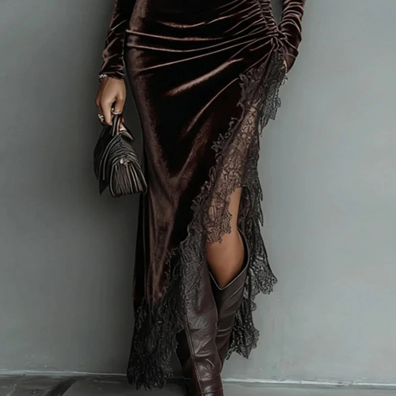 Velvet Patchwork Lace Slit Long Party Dress Woman Autumn Turtleneck Slim Pleated Boho Dress Winter Long Sleeve Hollow Maxi Dress